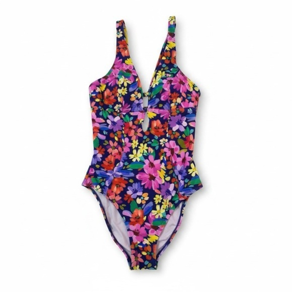 Cupshe NWT Bright Floral Textured Deep V Keyhole Back One Piece Swimsuit Large L